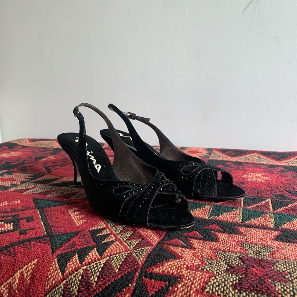 Black Beaded Satin Kitten Heels